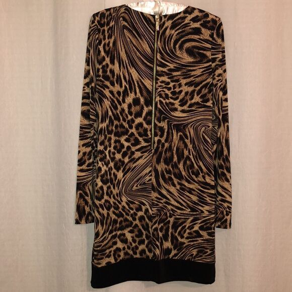 MK S Leopard Print Black Ivory Tan Long Sleeve Back Zip Jersey Shift Dress - Picture 2 of 14